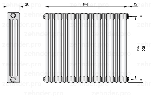 Схема (чертеж) Радиатор Zehnder Charleston 4150/19 №7610 Белый глянцевый RAL 9016